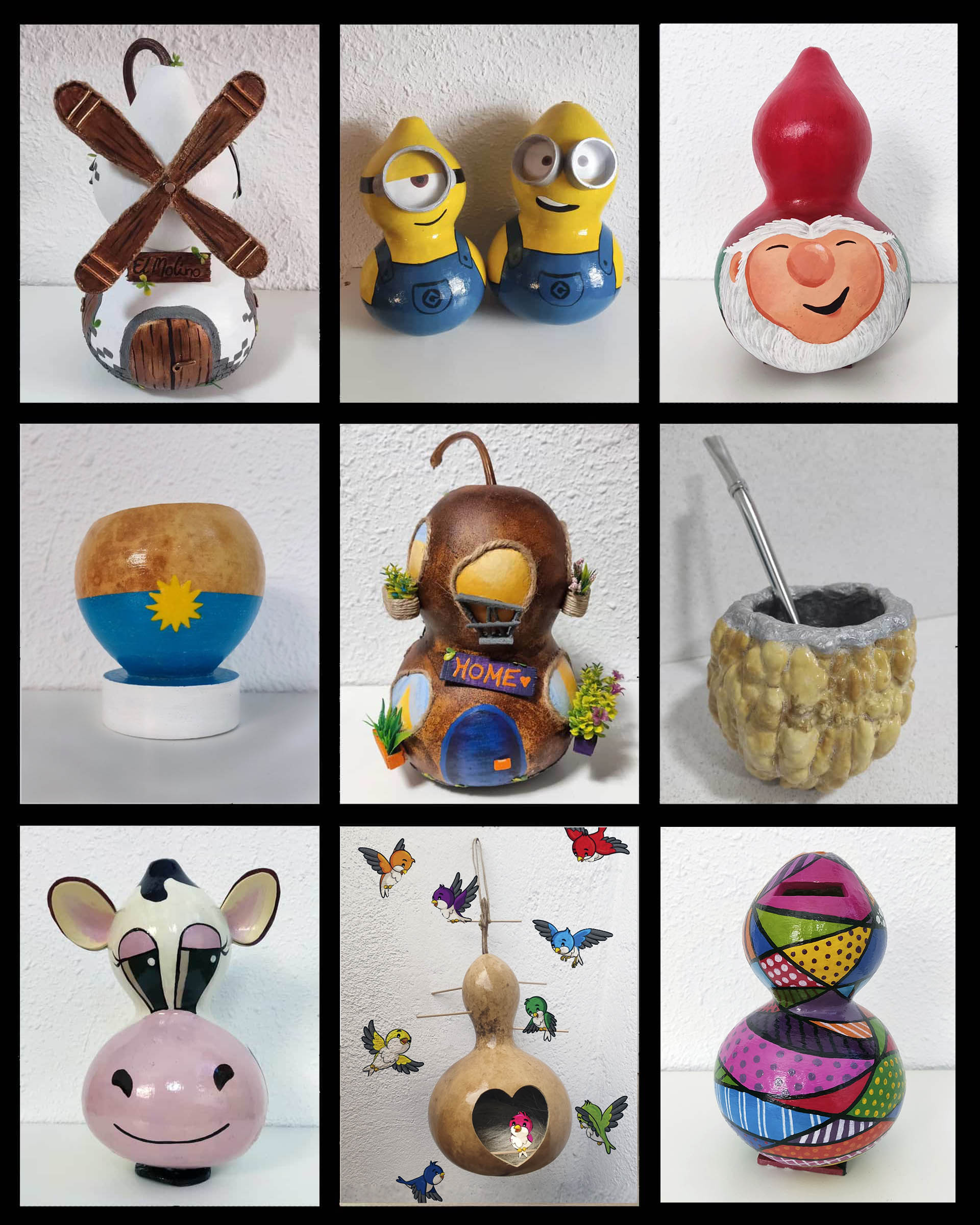 otros productos, hucha, mate, nido de pájaros, casita, maraca, artesanía con calabazas